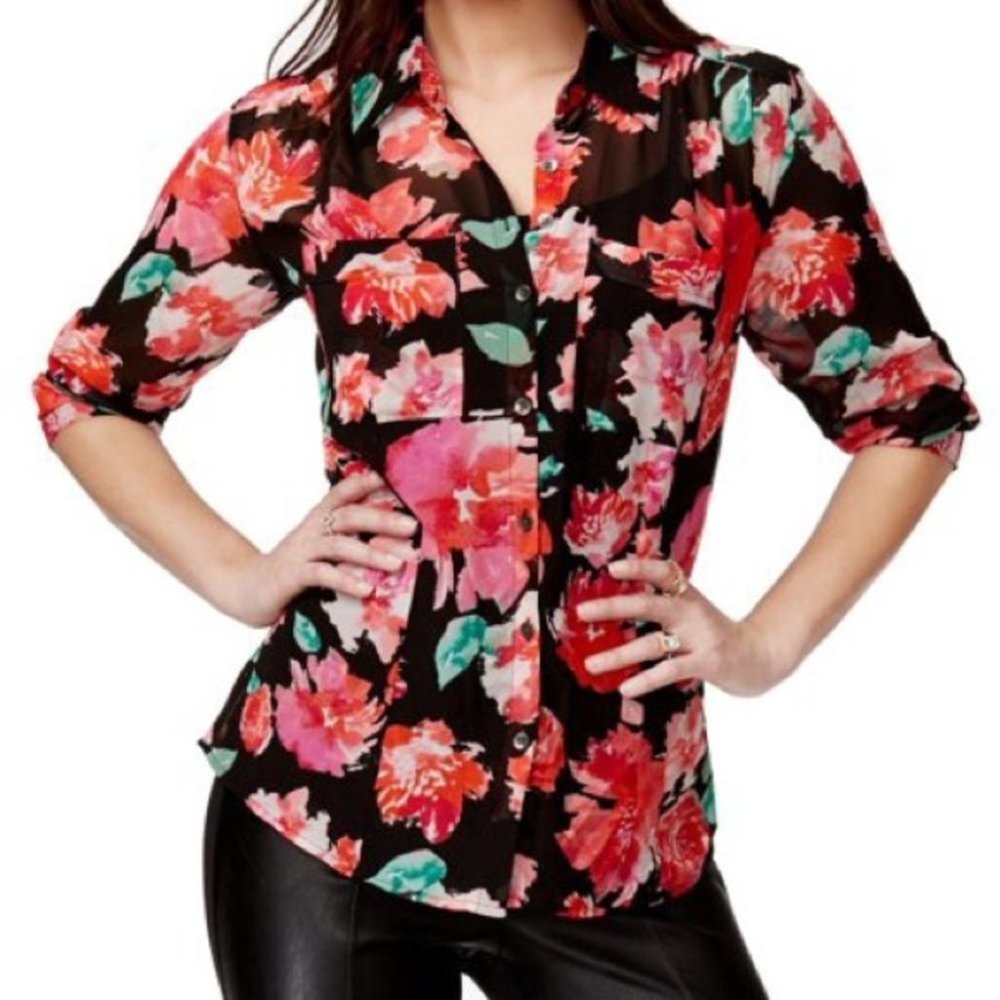 Guess Black Floral Print Chiffon Button Down Shirt
